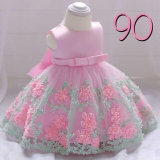 90 ピンク　ベビードレス　キッズドレス　花　刺繍 cg004p90(ドレス/フォーマル)