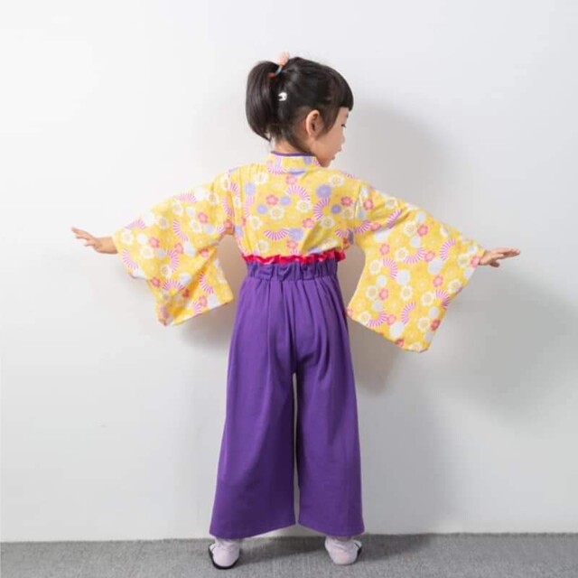 新品 七五三 発表会 着物 袴セパレート 130 紫 黄 花扇 女の子 和服a