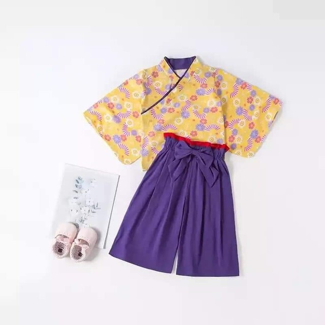 新品 七五三 発表会 着物 袴セパレート 120 紫 黄 花扇 女の子 和服aの