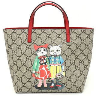 グッチ(Gucci)のGUCCI グッチ ヒグチヨウココラボ キャットチルドレンズ トートバッグ ハンドバッグ GGスプリーム 410812 レッド ベージュ ブラウン シルバー金具 【中古】Sランク 新品同様(トートバッグ)