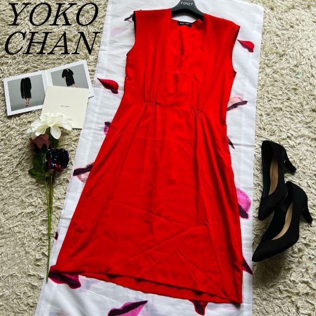 【美品】YOKO CHAN シルクワンピース レッド 膝丈 フレンチスリーブ38素材シルク