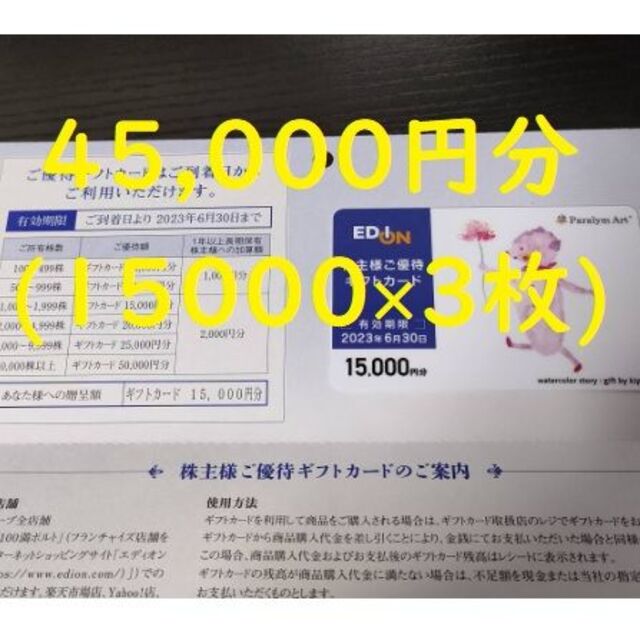 エディオン 株主優待 ギフトカード 45000円分 2023/6/30