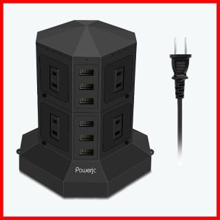 【新着商品】Powerjcタワー式電源タップ 2層縦コンセント 8AC充電口雷ガ(PC周辺機器)