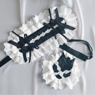 綿レースのヘッドドレスとミニネクタイセット　黒×オフ白(ヘアアクセサリー)