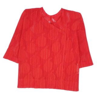 プリーツプリーズイッセイミヤケ(PLEATS PLEASE ISSEY MIYAKE)の美品 プリーツプリーズ イッセイミヤケ PLEATS PLEASE カーディガン ブラウス 半袖 プリーツ レース トップス レディース 3(L相当) レッド(カーディガン)