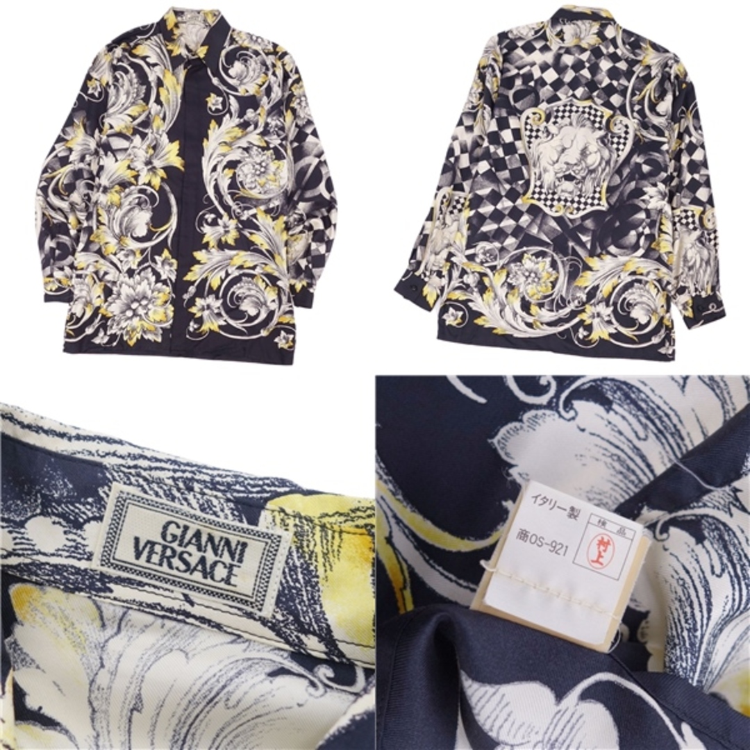 美品 Vintage ジャンニヴェルサーチ GIANNI VERSACE シャツ ロングスリーブ 総柄 シルク100％ トップス メンズ イタリア製  44(S相当) ブラック/ホワイト/イエロー