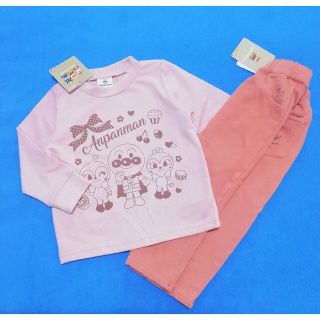 アンパンマン(アンパンマン)の新品　90cm　アンパンマン　春女の子上下セット　オレンジ×ピンク(Tシャツ/カットソー)