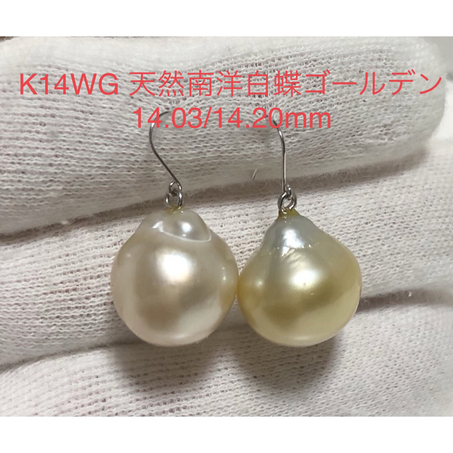 K14WG 天然南洋白蝶ゴールデン真珠　揺れるピアス　14mmupアクセサリー