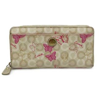 コーチ(COACH)の美品 コーチ COACH 長財布 蝶柄 バタフライ 蝶々PVC アイボリー ピンク フルファスナー【中古】(財布)