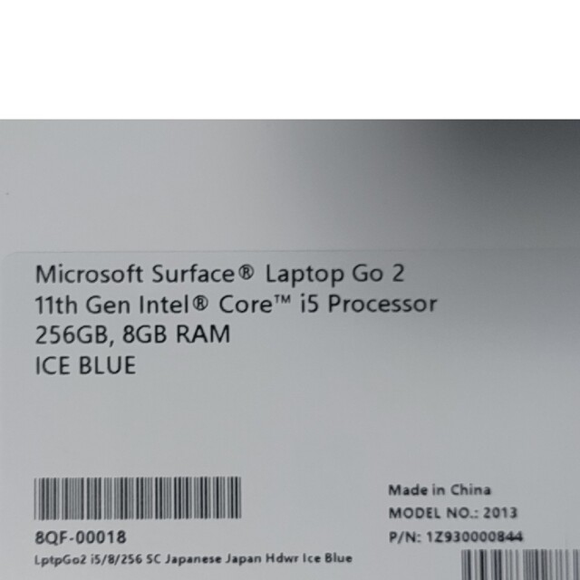 マイクロソフト Surface Laptop Go 2/8QF-00018