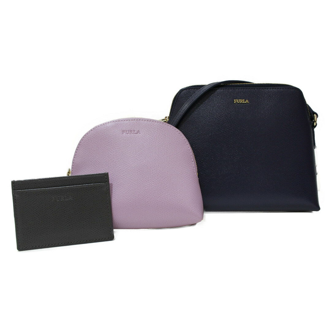 布袋あり】FURLA ポーチ&カードケース付き3点セット レザー ネイビー