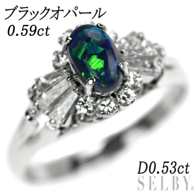 本物の Pt900 ブラックオパール ダイヤモンド リング 0.59ct D0.53ct