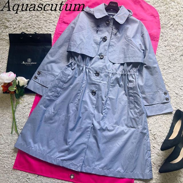 【美品】Aquascutum ロングトレンチコート レインコート ブルー M L