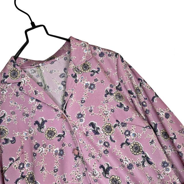 vintage  レトロ 花柄総柄 紫 オープンカラーワンピース ベルト付き