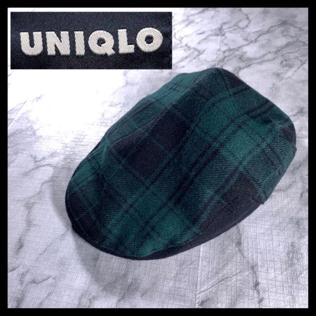 オールドユニクロ ウール レザー ハンチング帽子 キャップ 緑 チェック