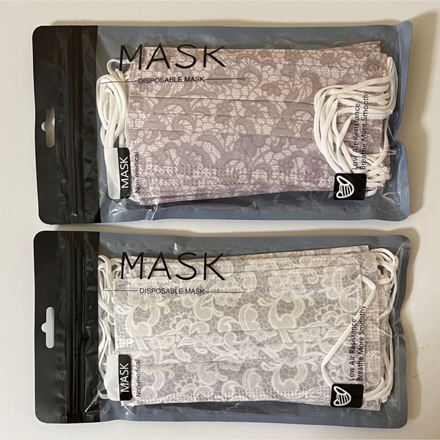 【和柄 レース 平型 不織布マスク】淡紫＆白 2色  1袋10枚ずつ 合計20枚 レディースのファッション小物(その他)の商品写真