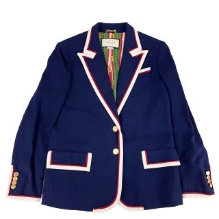 グッチ(Gucci)のGUCCI グッチ テーラードジャケット ストレッチ ヴィスコースジャケット アウター ブレザー 服 秋冬 長袖 アパレル 40 523859 ネイビー 紺    レーヨン ポリウレタン レディース 定番 美品【中古品】(テーラードジャケット)