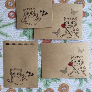 猫　チューリップ　メッセージカード　12枚　クラフト紙　サンキューカード(カード/レター/ラッピング)