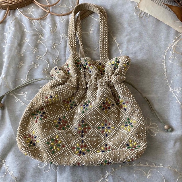 冬の華 vintageヴィンテージレトロカラフルビーズ刺繍巾着バッグ