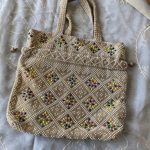 冬の華 vintageヴィンテージレトロカラフルビーズ刺繍巾着バッグ