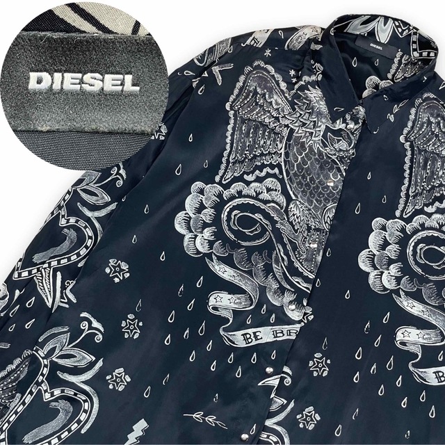 美品 DIESEL ディーゼルタトゥー柄シャツブラウスレーヨンブラック黒ドレープ