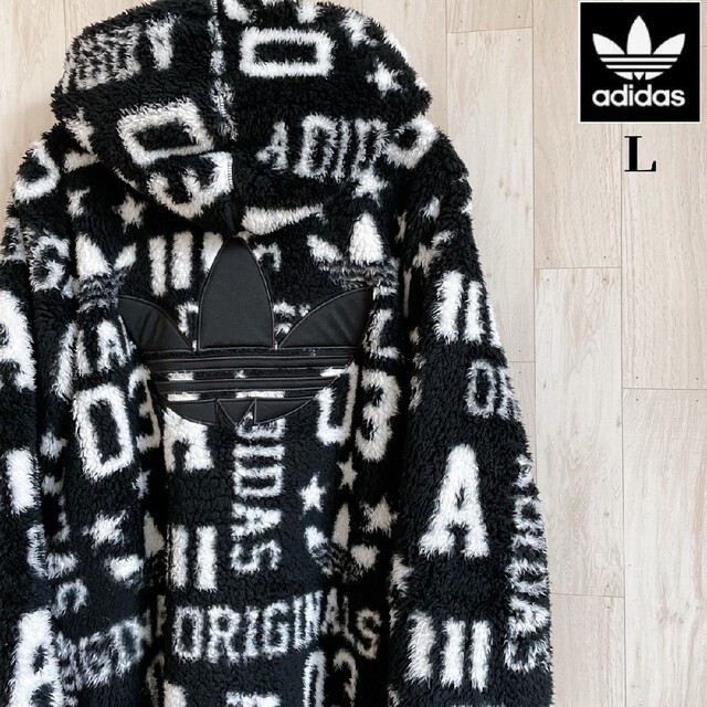 人気】adidas アディダス 英字ロゴボアパーカー 総柄 ブラック L