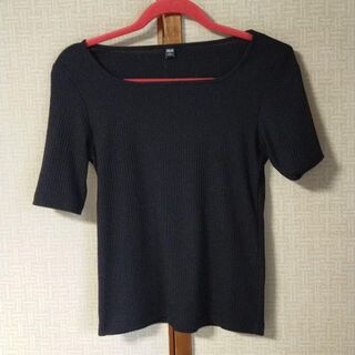 UNIQLO リブカットソー S Tシャツ 黒(カットソー(半袖/袖なし))