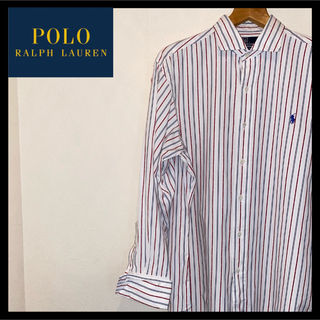 ラルフローレン(Ralph Lauren)のポロラルフローレン 刺繍ロゴストライプ長袖シャツ16-32XLサイズホワイト系(ポロシャツ)