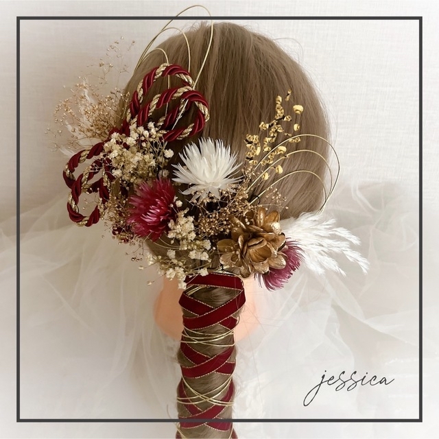 金箔付ヘッドドレス❤︎水引×ベロアリボン×レッドゴールド② 成人式卒業式髪飾り