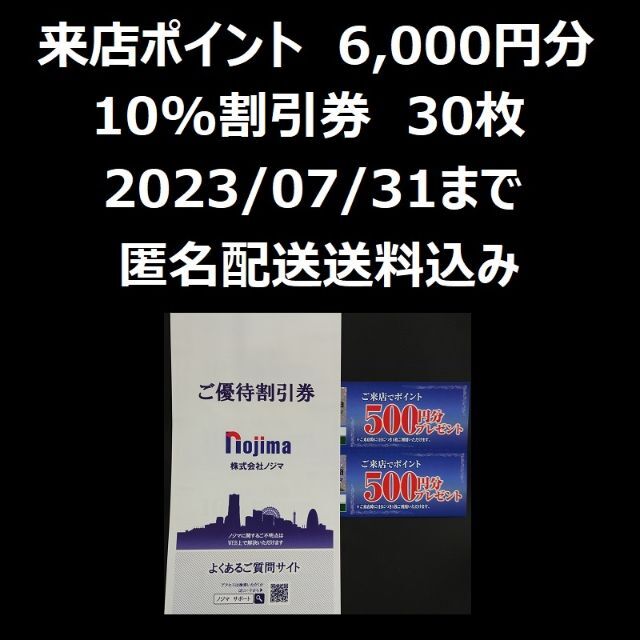 ノジマ　株主優待　来店ポイント6000円分　10%割引券30枚その他