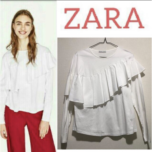 ZARA(ザラ)のZARA ザラ アシンメトリーフリルブラウス 異素材 ビックカラー  レディースのトップス(Tシャツ(長袖/七分))の商品写真