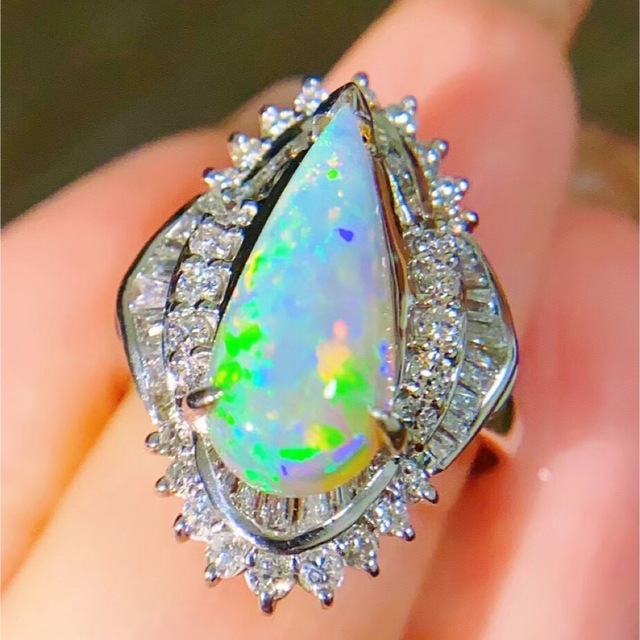 素晴らしい 天然オパール ダイヤ リング2.7ct pt900 ^ リング(指輪