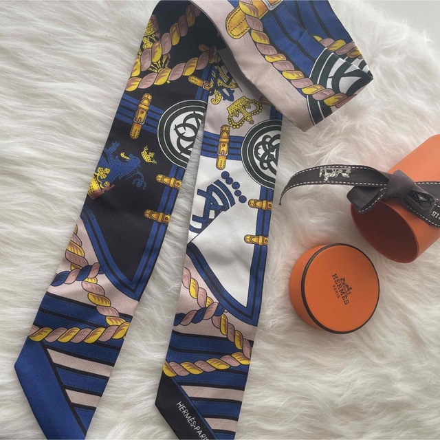 エルメス ツイリー Grande Tenue 王冠・ロープ柄 ピンク ブルー
