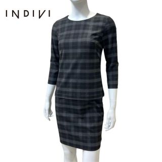 インディヴィ(INDIVI)の新品 INDIVI ストレッチ 7分袖 チェック ワンピース 5 黒 日本製 春(ひざ丈ワンピース)