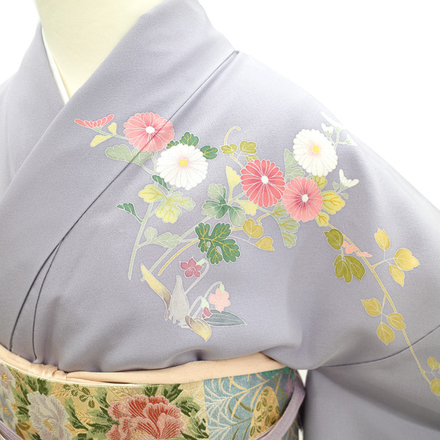 すごい値!訪問着 袷 着物 作家物 手染め ぼかし 淡灰紫 緑 四季 すごい値!訪問着 袷 着物 作家物 手染め ぼかし 淡灰紫 緑 四季