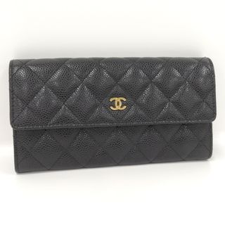 シャネル(CHANEL)のCHANEL 二つ折り長財布 マトラッセ キャビアスキン レザー ブラック(財布)