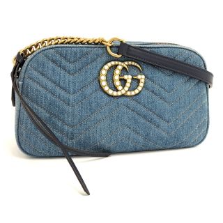 グッチ(Gucci)のGUCCI チェーン ショルダーバッグ GGマーモント デニム ブルー(ショルダーバッグ)