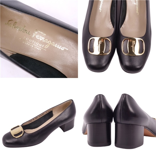 美品 サルヴァトーレ フェラガモ Salvatore Ferragamo パンプス ヴァラ金具 カーフレザー ヒール シューズ 靴 レディース 7C(24.5cm相当) ブラック