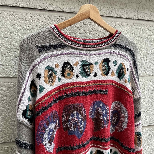 80s 90s イタリア製 コットンニットセーター 総柄 編み柄 vintage 返品