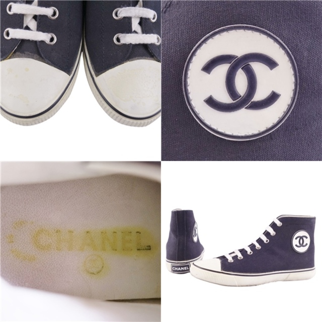 CHANEL(シャネル)のVintage シャネル CHANEL スニーカー ハイカットスニーカー ココマーク レースアップ キャンバス シューズ レディース 37 ネイビー/ホワイト レディースの靴/シューズ(スニーカー)の商品写真