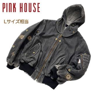 ピンクハウス(PINK HOUSE)のピンクハウス　デニムジャケット　黒デニム　ギンガムチェック　ビッグロゴ　中綿(Gジャン/デニムジャケット)