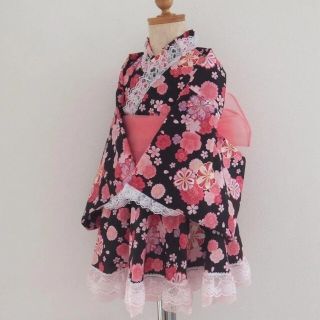 ハンドメイド*着物ドレス*八重桜*ブラック*結婚式*初節句*80(和服/着物)