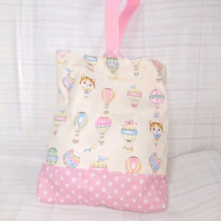 ハンドメイド 上履き入れ☆アイボリー猫×ピンクドット☆(外出用品)