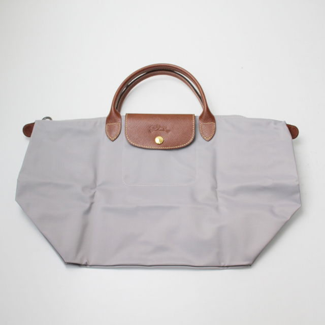 美品 LONGCHAMP ロンシャン ルプリアージュ トップハンドルバッグ M/ライトグレー ナイロン トートバッグ【2400013215725】