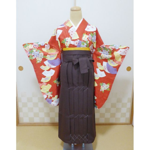 レトロ赤　二尺袖着物　袴　袴下帯　セット　ジュニア　小学生　大学生　新品