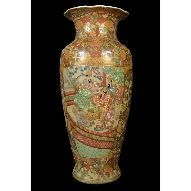【大型96cm 美品】薩摩 豪華絢爛 金襴手 大名花唐草細密絵付付大花瓶 飾り壷