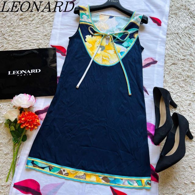 【美品】LEONARD ドッキング花柄ワンピース ネイビー カンカン素材 S