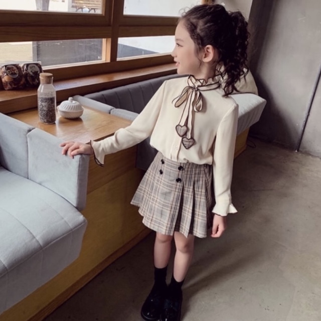 130 ハート ブラウス チェックスカートセット キッズ 女の子 チェック柄