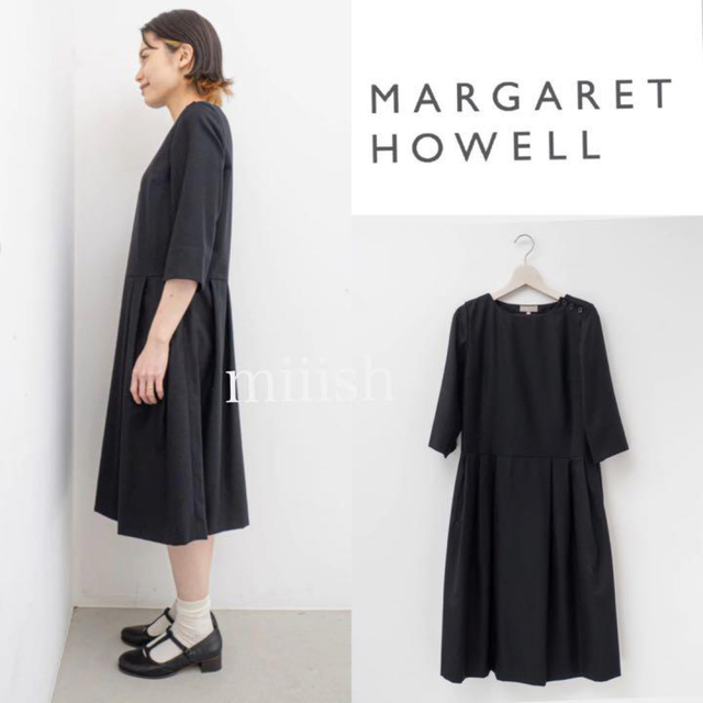 MARGARET HOWELL(マーガレットハウエル)の美品 マーガレットハウエル 定番 ブラックフランネル肩ボタンワンピース 6.4万 レディースのワンピース(ひざ丈ワンピース)の商品写真