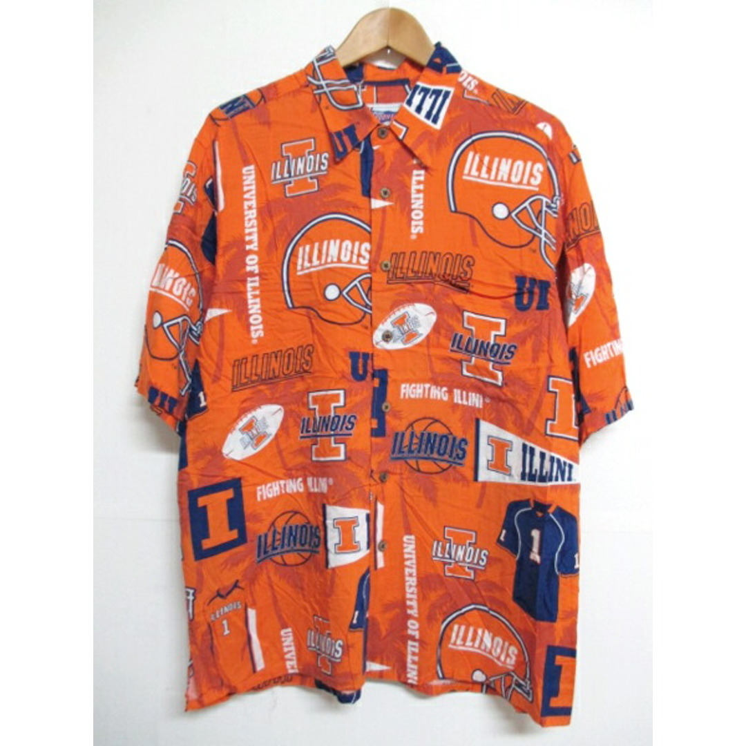 レインスプーナー "イリノイ大学イリノイファティング" カレッジプリント レーヨン ハワイアンアロハシャツ 半袖 サイズ:L オレンジ